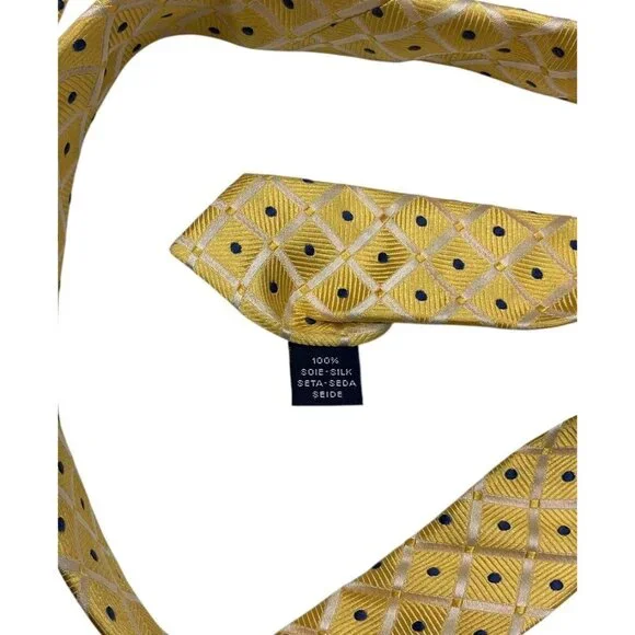 FAÇONNABLE Men's 100% Silk Necktie LUXURY Tie Gold Tartan Polka Dot W:3.2" EUC